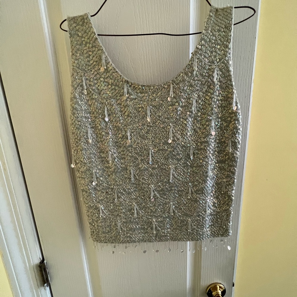 Vintage Ladies blue sequin cocktail silk top S